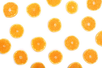 Slices of orange or tangerine isolated on white background. Flat lay, top view. Fruit composition