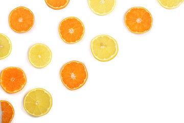 Slices of orange or tangerine and lemon isolated on white background with copy space for your text. Flat lay, top view