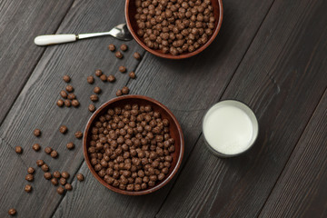 Whole grain Breakfast. Chocolate balls with milk