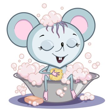 cartoon mouse washes in a pelvis with foam
