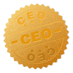 CEO gold stamp award. Vector gold award with CEO text. Text labels are placed between parallel lines and on circle. Golden area has metallic effect.