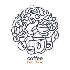 Vector symbol in circle. Doodle sketch of coffee
