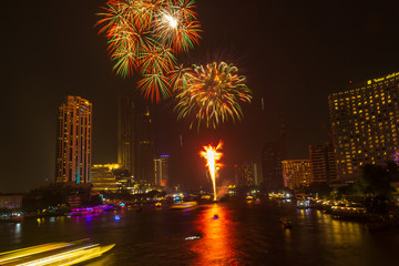  Fireworks at Loy Krathong Festival Chao Phraya River at night Bangkok Thailand 