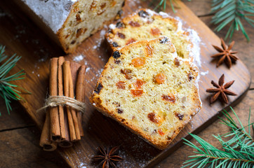 Fruit Loaf Cake Dusted with Icing Sugar, Christmas and Winter Holidays Treat