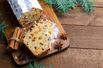 Fruit Loaf Cake Dusted with Icing Sugar, Christmas and Winter Holidays Treat