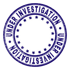 UNDER INVESTIGATION stamp seal imprint with grunge texture. Designed with circles and stars. Blue vector rubber print of UNDER INVESTIGATION title with retro texture.