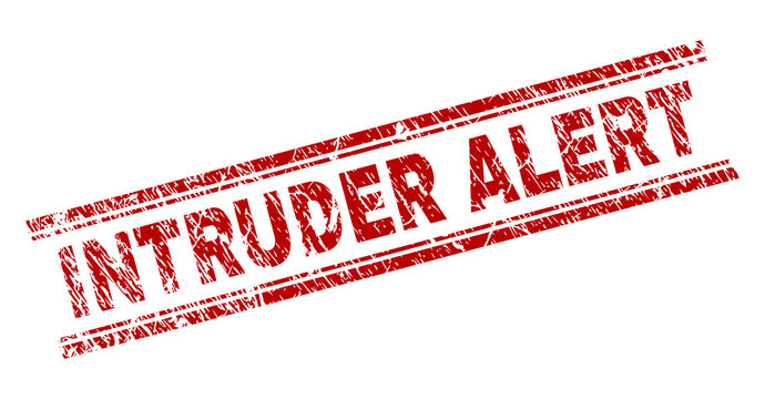 INTRUDER ALERT seal print with corroded texture. Red vector rubber print of INTRUDER ALERT text with grunge texture. Text label is placed between double parallel lines.