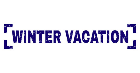 WINTER VACATION tag seal print with grunge texture. Text tag is placed between corners. Blue vector rubber print of WINTER VACATION with scratched texture.