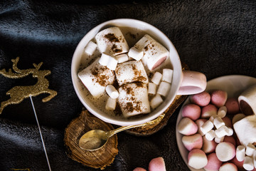 Good New Year spirit. Coffee with marshmallows and cinnamon. Pink mug. Cooking yourself. Photos for coffee. Home comfort. New Year. Christmas time. Winter mood.