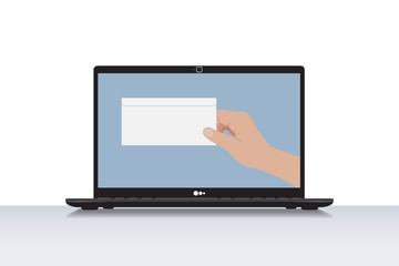 Vector illustration. Laptop with letter hand, email concept,
 receiving messages, isolated on white background