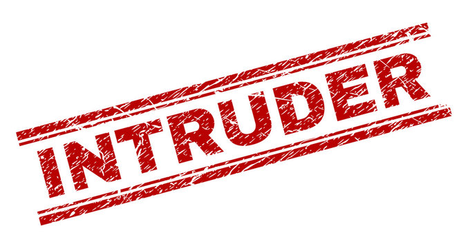 INTRUDER seal print with corroded texture. Red vector rubber print of INTRUDER title with unclean texture. Text tag is placed between double parallel lines.