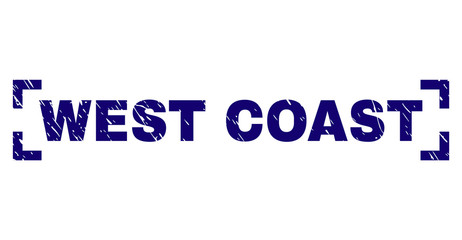 WEST COAST label seal watermark with corroded texture. Text label is placed inside corners. Blue vector rubber print of WEST COAST with grunge texture.