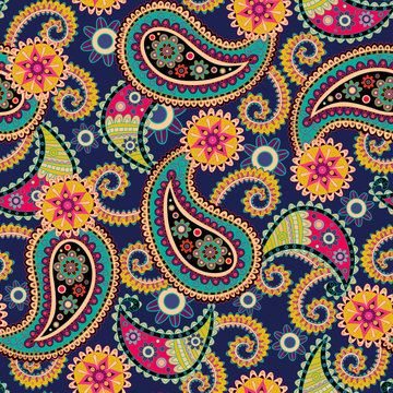 Seamless Paisley background.Colorful flowers and leaves on blue 