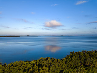 Aerial View With Trees in the foreground and Cloud Reflected in the Water in the Background