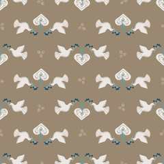 Seamless Vector Peaceful White Holiday Doves, Gingerbread Hearts, Berry Branches in Brown + Blue
