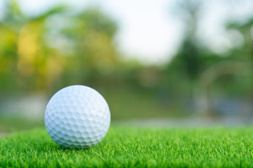 Golf ball on green grass ready to play at golf course. with copy space