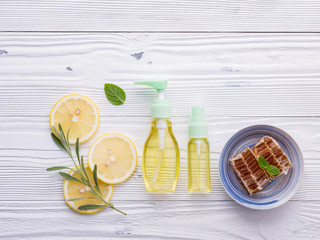 Natural herbal skin care products. Skin care ingredients on table concept of the best all natural face moisturizer. Facial treatment preparation background.