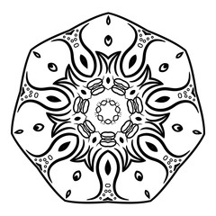 Flower pattern of mandala. Decorative circular element. Minimal vintage floral pattern. Ethnic abstract ornament. Black flower on white background. Vintage snowflake.