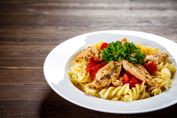 Pasta with meat, sauce and vegetables
