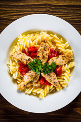 Pasta with meat, sauce and vegetables