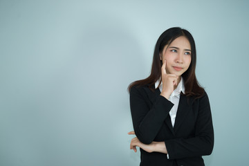 Business woman think for ideas isolate on white background,Thailand people,Secretary girl thinking concept