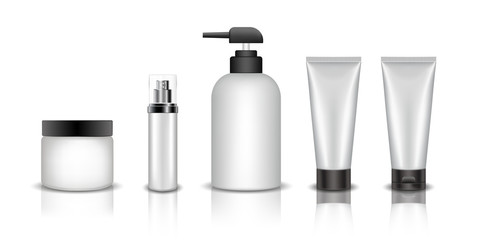 Set of Realistic cosmetic bottle on a white background. Cosmetic package collection for cream, soups, foams, shampoo, glue. Mock up set for brand template.