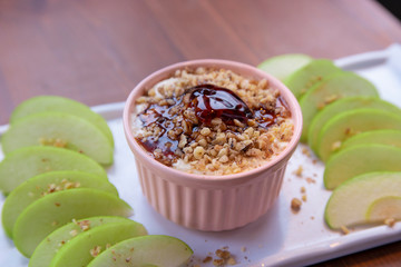 Caramel Apple Dip with nuts, caramel dressing and fresh apple slices