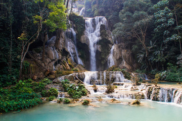 Beautiful and cool azure-colored Kuang Si waterfall near Luang Prabang, Laos