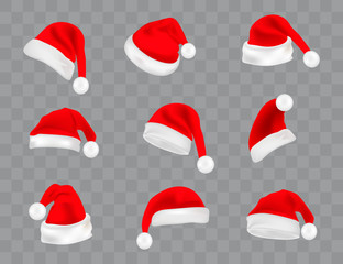 Big set of realistic Santa Hats isolated on transparent background. Vector santa claus hat colllection, holiday cap to xmas illustration