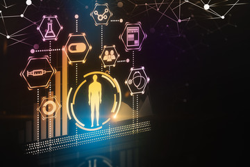 Yellow medical interface with man in hud, side