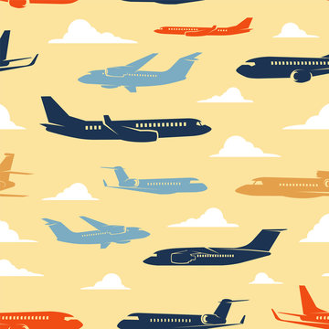 Pattern with silhouettes of airplanes and clouds