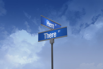 3D Illustration of a street sign_here and there streets