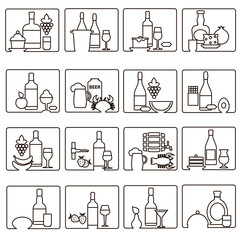 Set of 16 black and whitel icons bottles, wine glasses and food