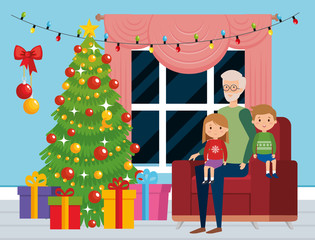 Obraz na płótnie Canvas family in livingroom with christmas decoration