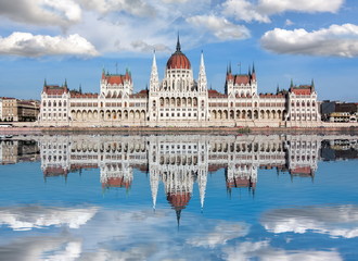 Hungarian Parliament Building with reflection in Danube river, Budapest, Hungary