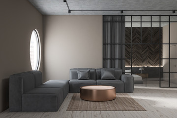 Beige living room, gray sofa