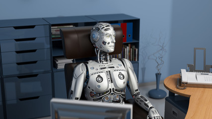 Detailed futuristic robot or cyborg sitting at his desk in an office. 3d Render.