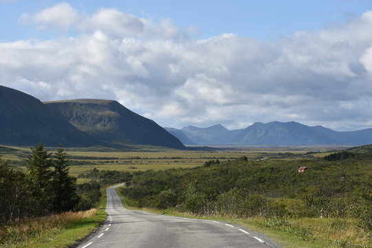 Norwegen, Nordland, Andenes, And&oslash;ya, Vester&aring;len, Insel, K&uuml;ste, Sommer, Stra&szlig;e, Landstra&szlig;e, Gebirge, Stavadalen, Tal, Tundra, Moor, Gras, Wiese, Weide, H&oslash;gtinden, 