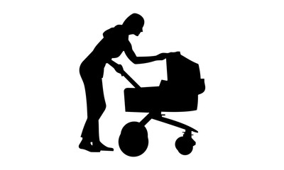 silhouette of a young mother pushing a while to see the baby in the baby carriage