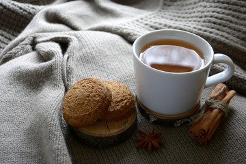 Cup of lemon tea cookies cinnamon Winter holidays concept Cozy home