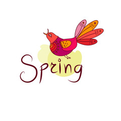 Spring Word, Isolated On White Background, Vector Illustration, Illustration with bird. Spring word look like logo. Bright spring.