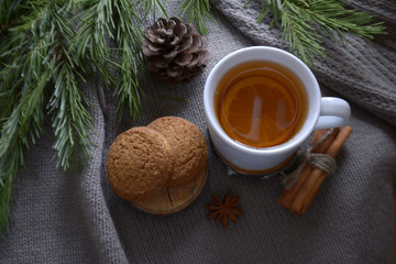 Cup of lemon tea cookies cinnamon fir branch Winter holidays concept Cozy home