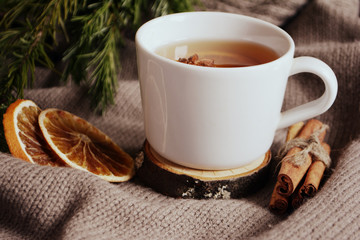 Cup of lemon tea cookies cinnamon fir branch Winter holidays concept Cozy home