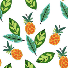 Seamless pattern with tropical leaves on white background