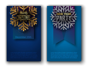 Merry Christmas and New Year party blue cards with shiny snowflake.