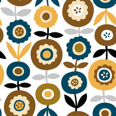 Seamless vector pattern with vintage scandinavian flowers on white background. 