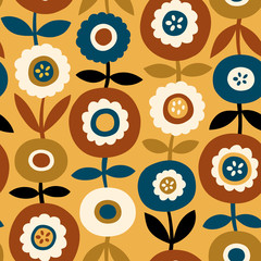 Seamless vector pattern with vintage scandinavian flowers on yellow background. 