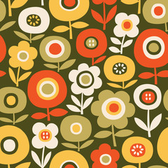 Naklejka premium Seamless vector pattern with vintage scandinavian flowers on dark green background. 