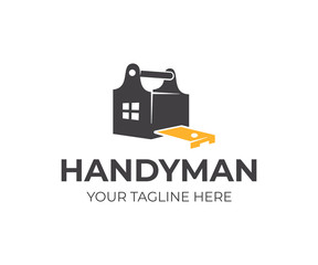 Construction, toolbox, pocket measure measuring tape and home with window, logo design. Handyman, building, carpentry and build, vector design and illustration