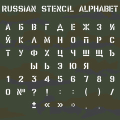 Russian stencil alphabet. Vector. Russian letters, numbers, signs. Good stencil font for paint drawing. Camouflage is not a seamless pattern. Layers good separated.
